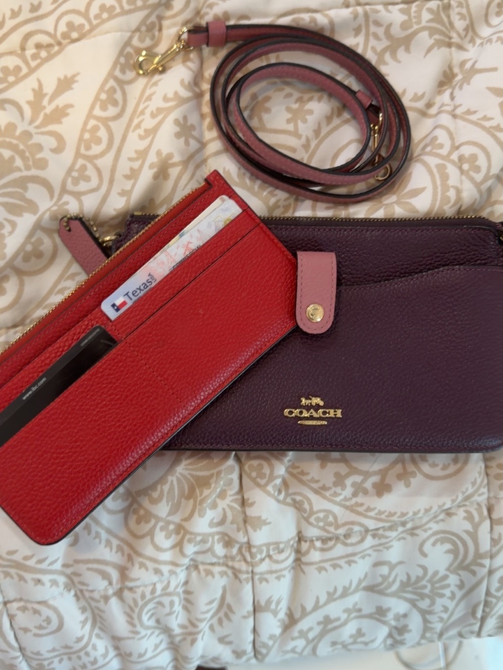 Coach Purple Leather Crossbody Wristlet with Red Wallet and Pink Strap Accents